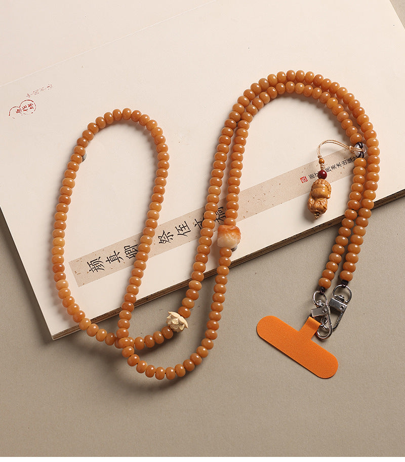 Yellow Bodhi Crossbody Phone Strap Natural Bodhi Seed Beaded Phone Chain, 8 × 10 mm Beads, 120 cm / 47 inch