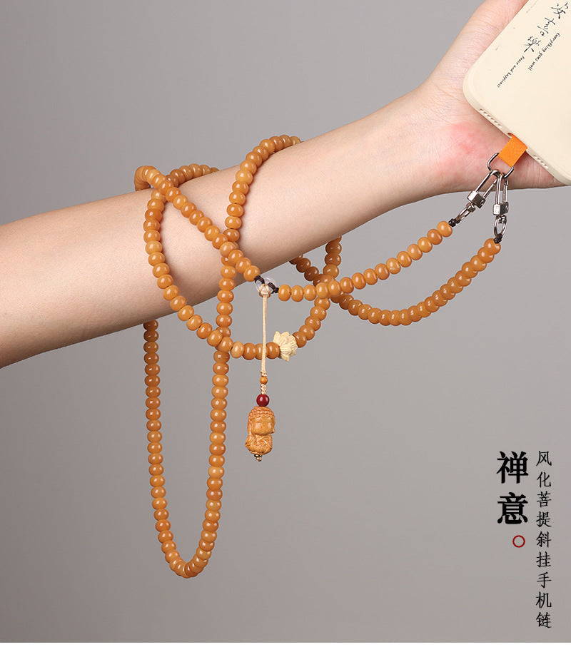 Yellow Bodhi Crossbody Phone Strap Natural Bodhi Seed Beaded Phone Chain, 8 × 10 mm Beads, 120 cm / 47 inch