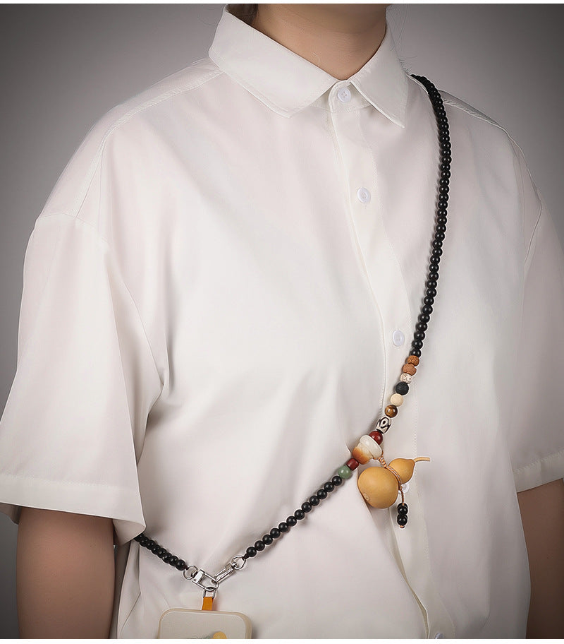 Ebony WoodGourd Crossbody Phone Strap Handwoven Beaded Phone Chain with Natural Gourd Accent, 120 cm / 47 in
