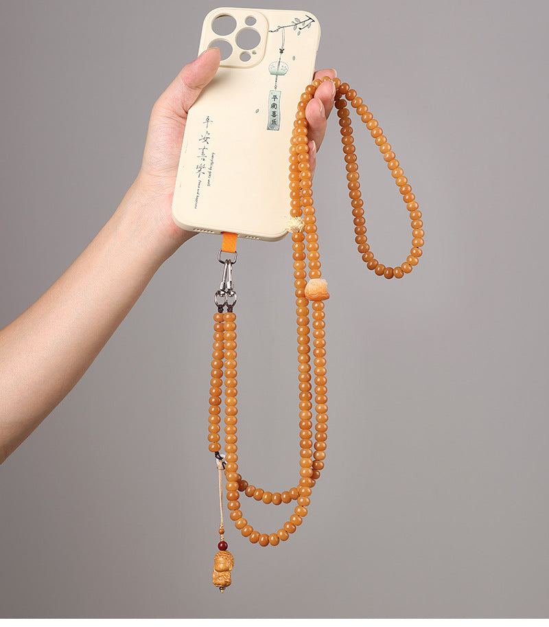 Yellow Bodhi Crossbody Phone Strap Natural Bodhi Seed Beaded Phone Chain, 8 × 10 mm Beads, 120 cm / 47 inch