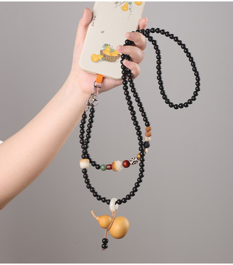 Ebony WoodGourd Crossbody Phone Strap Handwoven Beaded Phone Chain with Natural Gourd Accent, 120 cm / 47 in