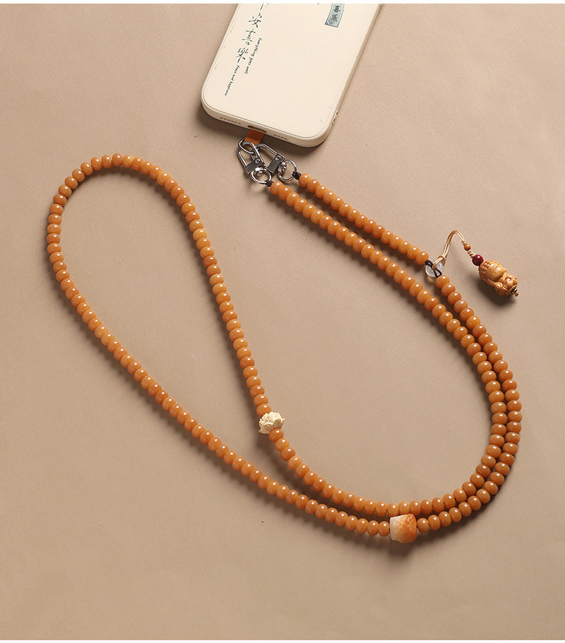 Yellow Bodhi Crossbody Phone Strap Natural Bodhi Seed Beaded Phone Chain, 8 × 10 mm Beads, 120 cm / 47 inch