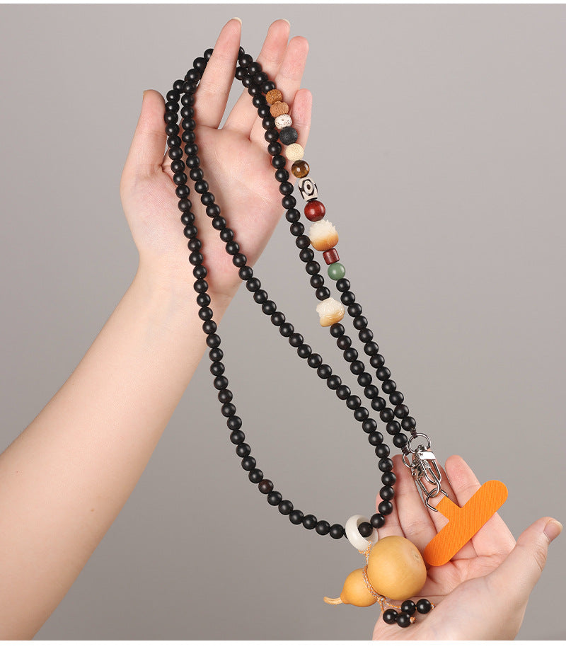 Ebony WoodGourd Crossbody Phone Strap Handwoven Beaded Phone Chain with Natural Gourd Accent, 120 cm / 47 in