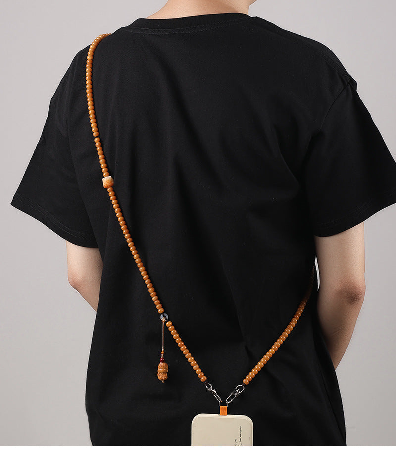 Yellow Bodhi Crossbody Phone Strap Natural Bodhi Seed Beaded Phone Chain, 8 × 10 mm Beads, 120 cm / 47 inch