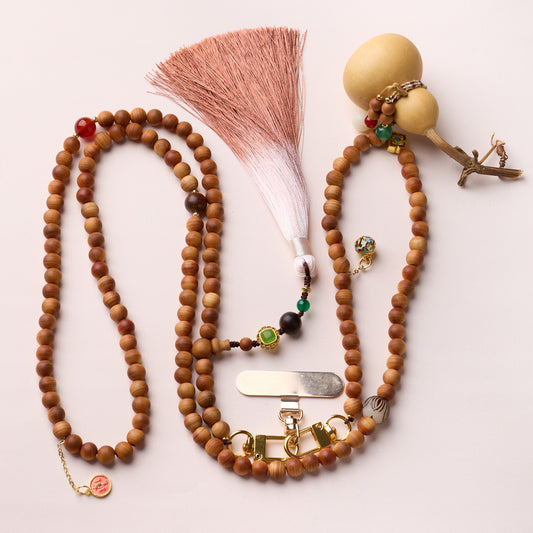 Cliff Cypress Beaded Crossbody Phone Strap with Gourd & Tassel 8 mm Wooden Beads, Long Phone Chain