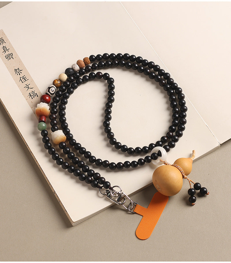 Ebony WoodGourd Crossbody Phone Strap Handwoven Beaded Phone Chain with Natural Gourd Accent, 120 cm / 47 in
