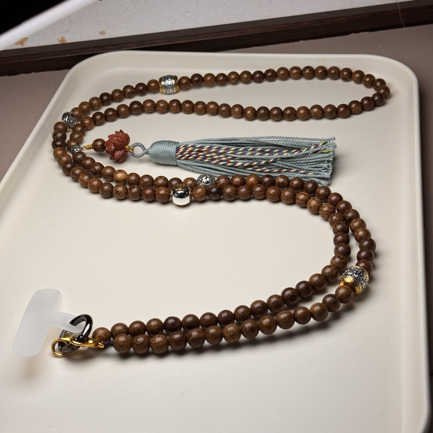 Golden Sandalwood & Agate Crossbody Phone Strap Multi-Use Wooden Beaded Phone Chain, 120 cm / 47 in